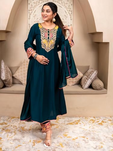 Image of VredeVogel Women's Silk Blend Embroidered Anarkali Kurta with Pant & Dupatta Set | Festive & Casual Women Ethnic Kurta Set for Women