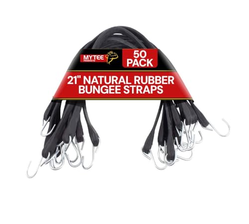 Mytee Products 50 Pack 21" Natural Rubber Tarp Bungee Straps Tie Down Cords S Hooks Heavy Duty Ideal for Securing Tarps