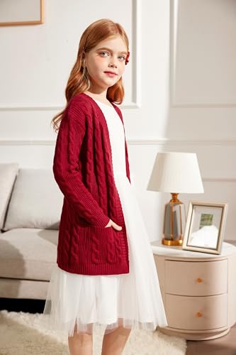 Image of Arshiner Girls Open Front Cardigan Long Sleeve Casual Kids Fall Clothes Solid Thick Chunky Sweater Coat with Pockets