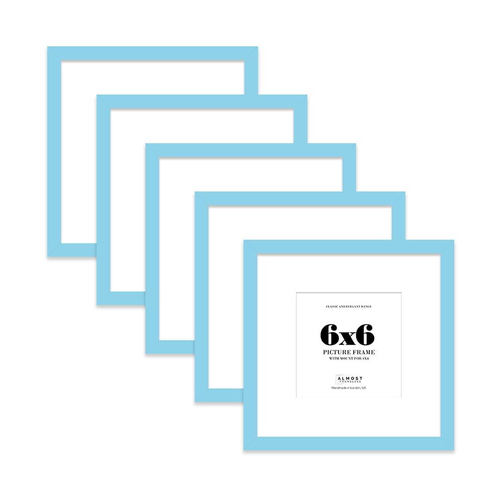 6x6 Light Blue Picture Frame with Mount for 4x4 Photos, Prints - Modern Square Wall Frame, Set of 5