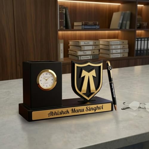 Image of Giftana 2 in 1 Personalized Advocate Pen Stand with Advocate Pen Gift Set for Men and Women, Wooden Desk Organizer with Advocate Emblem with Table Clock, Customised Corporate Gift Set for Employee