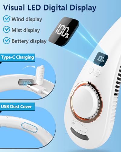 Image of Neck Fan that Blow Cold Air with Mist Spray, USB-C Rechargeable with LED Display, Portable Folding Bladeless Mister Cooling Device, Personal Headphones Fan for Women Men Kids Outdoor (Bright white)