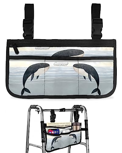 Whale Wheelchair Side Bag Walker Bag, Blue Sea Underwater Clouds Sky Cartoon Draw Wheelchair Accessories Armrest Pouch, Organizer Storage Bag for Walkers, Rollators, Scooters, 7.3''x13''