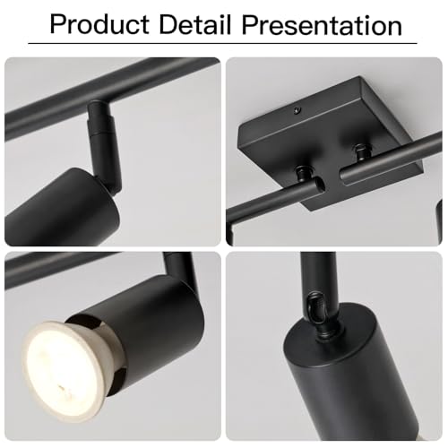 Image of 4-Light GU10 Track Lighting, Black Adjustable Ceiling Spot Light Kit, Industrial Flush Mount LED Track Light for Kitchen, Hallway, Living Room