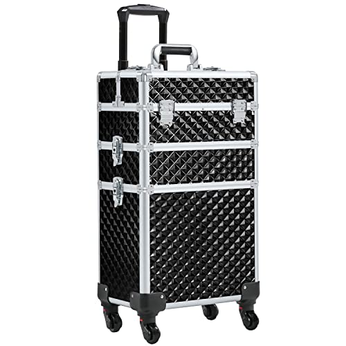 Yaheetech 3 in 1 Valigia Valigetta per Trucchi con 4 Scomparti Trolley per Cosmetici Portatile in MDF e Lega di Alluminio per Make-Up Parrucchieri Nero 35 x 23,5 x 67,5 cm