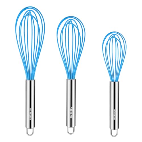 Image of NileHome Whisk Commercial Stainless Steel wisk & Silicone Non-Stick Coated Small Whisk Set 8 inch 10 inch 12 inch Kitchen Wisk Wire Whisks for Cooking 3 Pack, Bule