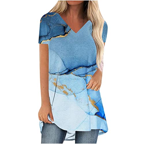 Light Blue Plunging Neckline Tops For Teen Girls Summer Fall Short Sleeve Marble Print Loose Fit Top Tshirt Women Clothing 4A Xxl #TOP1