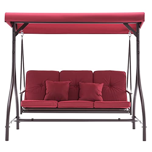Mcombo 3-Seat Outdoor Patio Swing Chair, Adjustable Backrest And Canopy, Porch Swing Glider Chair, W/Cushions And Pillows, 4068 (Burgundy) #TOP7