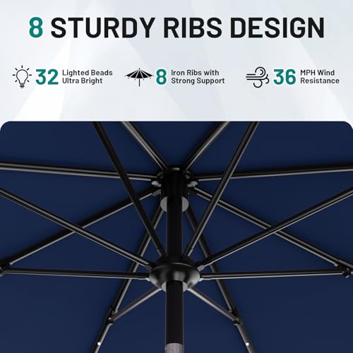 Image of AreShark 9FT Patio Umbrella with Solar Lights, 32 Lighted Pool Umbrella w /Tilt and Crank, Outdoor Market Solar Umbrellas for Garden, Deck, Backyard, Pool and Beach, Navy