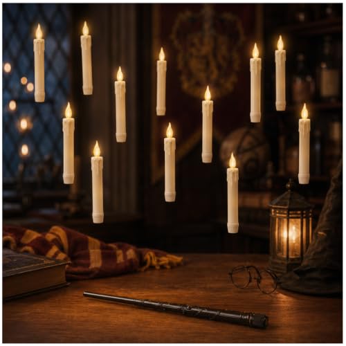 Image of Wanna Party Magical Floating Candles with Remote Wand, 12 Pcs Warm Yellow Flickering Flameless Hanging Candles with Clear Line & Adhesive Hooks for Wizard Theme Birthday, Halloween & Room Decoration