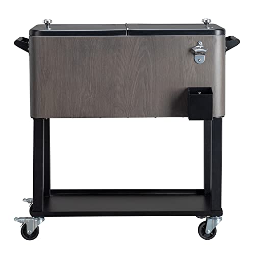 Rolling Cooler Cart on Wheels, Brown Black Gray with Woodgrain Finish, 80 Qt Capacity, Holds 100 Cans, 240 lbs Weight Capacity