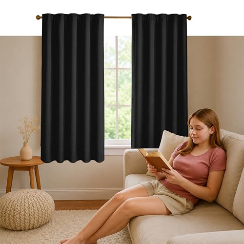 Native Fab Black 100% Cotton Curtain Panels 54" W x 63" L, Light Filtering Window Panels for Bedroom, Living Room, Farmhouse Decor