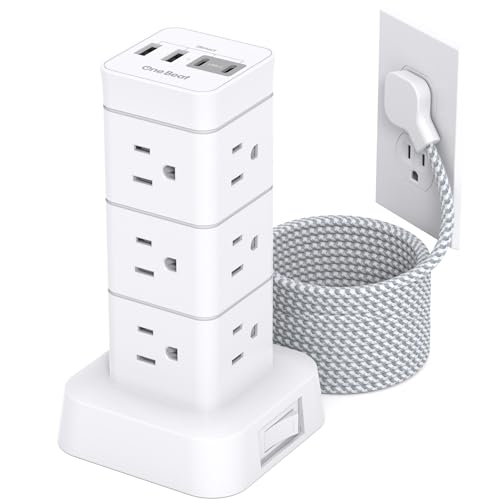 10Ft Surge Protector Power Strip Tower, 12 Outlets 4 USB (2 USB C) Desktop Charging Station for Multiple Devices, Flat Plug Extension Cord with Multiple Outlets, Home Office College Dorm Essentials