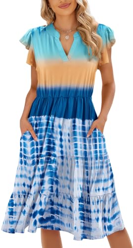 Image of Womens Summer Dress Ruffle Sleeve V Neck Midi Dresses Casual Fit Flowy Tiered Boho Beach Vacation Sundress
