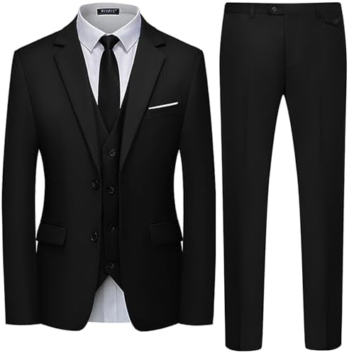 WULFUL Men's 3 Piece Slim Fit Suit Set Two Button Blazer Jacket Vest Pants Tuxedo Set for Party, Wedding and Business