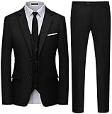 WULFUL Men's 3 Piece Slim Fit Suit Set Two Button Blazer Jacket Vest Pants Tuxedo Set for Party, Wedding and Business Black