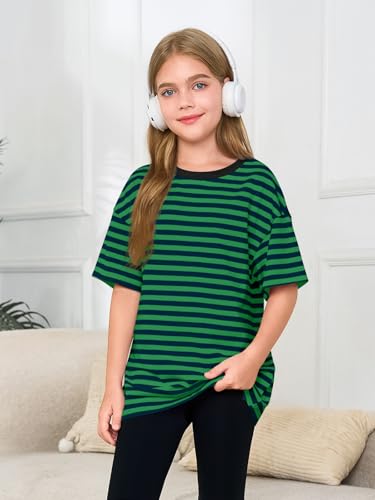 Image of Haloumoning Girls Striped Short Sleeve T Shirts Kids Summer Oversized Tops Casual Crewneck Tees 5-14 Years