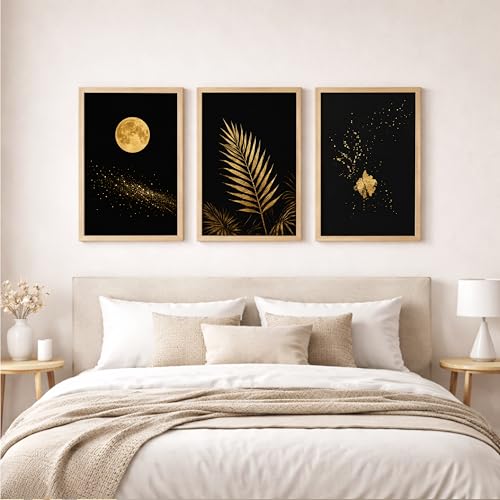 Image of TheMakerly Set of 3 Moon & Golden Palm Leaf Wall Art Paintings for Living Room | Modern Luxury Black Gold Wall Decor | Framed Wall Paintings for Bedroom, Hall, Office & Home Decoration (10x13 Inches)