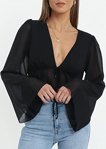 Hilinker Women's Deep V Neck Long Sleeve Crop Top Tie Up Open Front Blouse Shirt Black Medium #TOP1