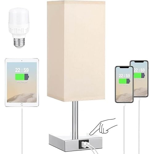 DEENZ Touch Lamps with USB & Type C Port Nightstand Lamp Charge Ports 3 Way Dimmable Bedside Silver (Square Base) Lamp with Fabric Shade Small Table Lamp for Bedroom Living Room Bulb Included (Beige)