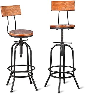Set of 2-Industrial Bar Stools with Backrest-Swivel Wood Seat-Bar Counter Height Adjustable 26-32.2inch-Kitchen Island Dining Chair
