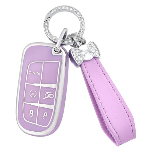 Coque de clé pour Jeep et Dodge OFFCURVE argent violet avec porte-clés en cuir 5 boutons