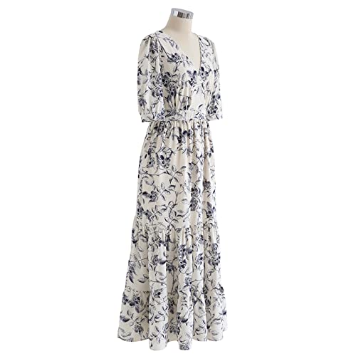 Image of CHICWISH Women's Navy Floral Frilling Wrapped Maxi Dress