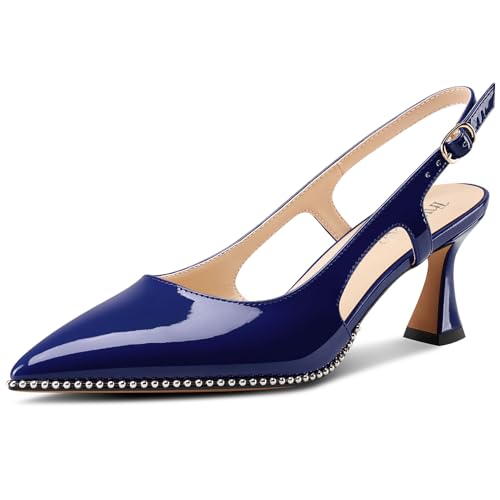 Image of TNYNFBEB Womens Kitten Heel Pointed Toe Pumps Sliver Beaded Slingback Slip-on Buckle Prom Dress Basic Classic Patent Leather Summer 2.6 Inches Heels