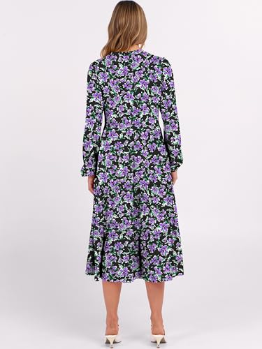 Image of ANRABESS Women's Long Lantern Sleeve Floral Midi Dresses 2026 Fall V Neck Casual Flowy A-line Tiered Boho Vacation Dress