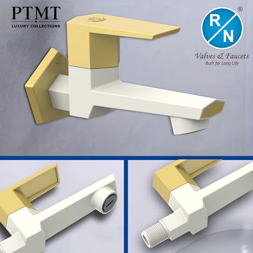 Image of RN PTMT Long Body Bib Cock for Bathroom | 15mm Long Body Foam Flow Water Tap with Flange | Luxury G20 Collection Faucet | High-Grade Engineering Polymer Tap (Ivory Bright Gold Dual, Pack of 2)