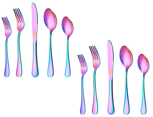 Image of Rainbow Silverware Set, Rainbow Flatware Set for 4, Stainless Steel Tableware Cutlery Set, Utensil Sets for Kitchen, Forks and Spoons Silverware (Rainbow, Set of 10)