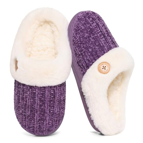 Evshine Womens Fuzzy Memory Foam Slippers Chenille Knit bedroom House Slippers Fluffy Plush Warm Slip-on Indoor Shoes Buttoned Purple 39-40 (Size 8)