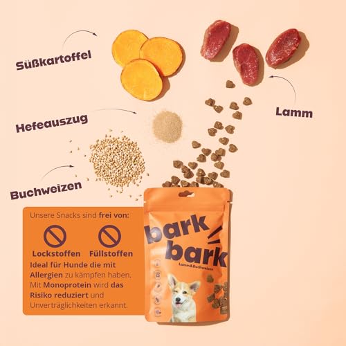 BarkBark Lamm & Buchweizen - Premium Hundeleckerli - Monoprotein 72% Lamm - Glutenfrei & Zuckerfrei - ideal für Allergiker Hunde - zur täglichen Ergänzung als Snack - natürlich Getreidefrei - 150g
