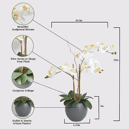 Close-up of the realistic sculptural blooms and green foliage of an artificial orchid.