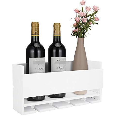 Vencipo White Wall Mounted Wine Rack for 4 Red Wine Glasses Storage, Wooden Wine Bottle Holder for Farmhouse Kitchen Decor, Floating Wine Shelf Organizer for Living Room Display Cover