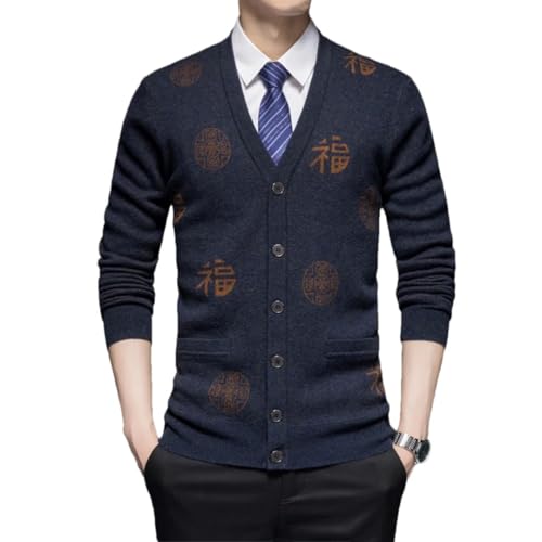 Men Wool Sweater Cardigan Buttons Down Chinese Style Knit Sweater for V Neck Father Clothing