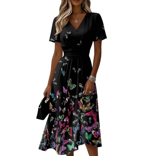 Vestido de Verano Mujer 2026 Elegante   Vestido Corto de Fiesta con Cuello en V, Manga Corta y Estampado Floral para Playa, Boda como Invitada o Ocasiones Especiales(4 Negro,L)