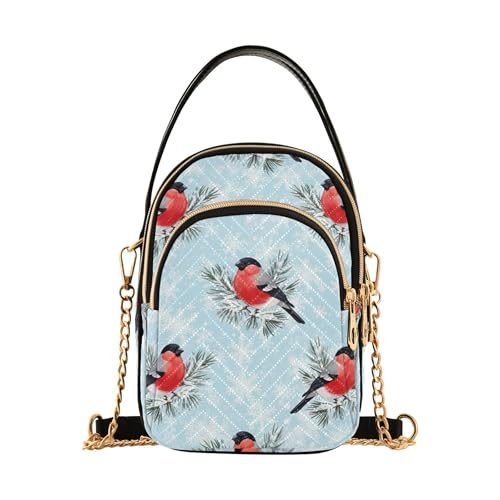 Cute Red Bullfinch Birds Winter Single Shoulder Purse Women Aesthetic Phone Handbag Small Chain Purse Quilted Ladies Crossbody Satchel Bag