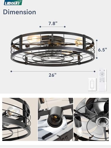 Image of LEDIARY 26 inch Caged Ceiling Fan with Light and Remote, Low Profile Flush Mount Fandelier, Black Bladeless Enclosed Small Fan Lights Ceiling Fixtures, Rustic Farmhouse Style for Bedroom, Outdoor