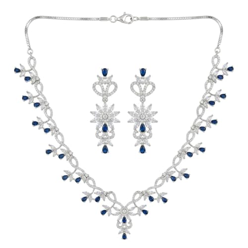 Image of Alloy White Plated American Diamond Necklace Set for Women and Girls with Matching Earrings, S Hook Closure Necklace and Push Plug Earrings for Traditional Outfit