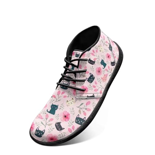 Chririnla Cat Non Slip Shoes Pink Flower Women's Trail Running Sneakers Comfortable Wide Round Toe Boots Womens Minimalist Barefoot Shoes with Zero Drop Sole Flat Sneaker