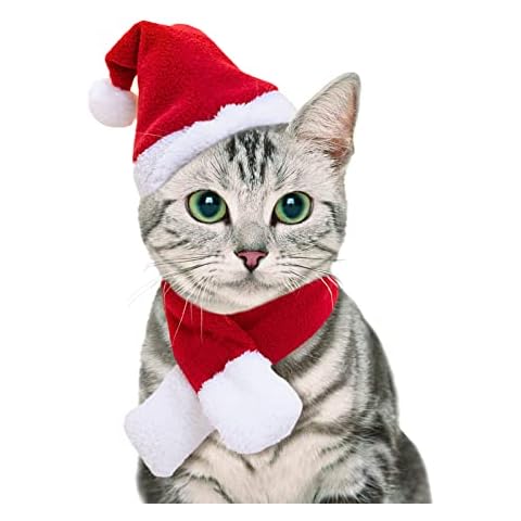 NAMSAN Cat Santa Hat Scarf Small Dog Christmas Costume Xmas Outfit Santa Claus Hat with Red Muffler for Kitten, Doggy, Rabbit, Statue, Toys Decoration Cover
