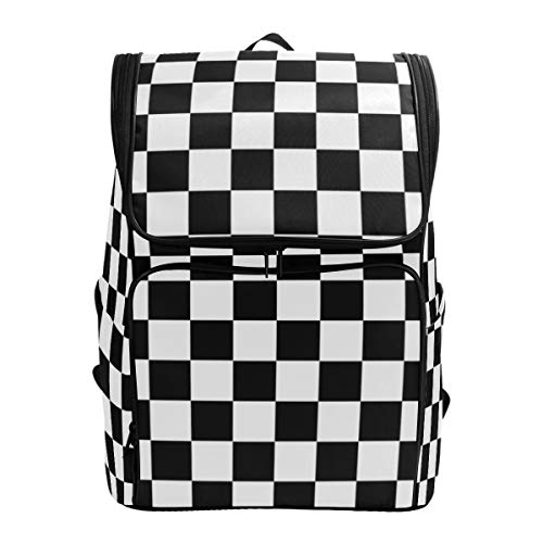 Naanle Chic Black and White Racing Flag and Checkered Pattern Casual Daypack College Students Multipurpose Backpack Large Travel Hiking Computer Bag for Boys Girls