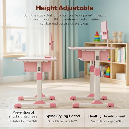 Image of BAYBEE Study Table for Kids 5-12 Years Boys Girls | Ergonomic Desk Table with Chair, Height Adjustable, Book Holder, Storage Drawer & Footrest | Perfect for Reading, Writing & Studying (Premium Pink)