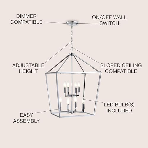 Image of JONATHAN Y Pagoda 8-Light Pendant 20 inch Cage, Chrome | Traditional Metal Farmhouse Hanging Lantern Ceiling Fixture, Adjustable Chain Link, For Kitchen Island, LED Bulb Included