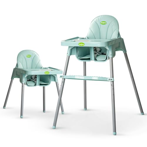 Image of Baybee 2 in 1 Baby High Chair for Kids, Baby Feeding Chair with 2 Height Adjustable, Footrest, Tray, Mobile Stand, 3 Point Safety Belt | Kids High Chair for 6 Months to 3 Years (Green)