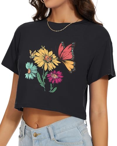 Image of Womens Summer Crop Tops Short Sleeve Round Neck T-Shirts Loose Fit Casual Blouse 2026