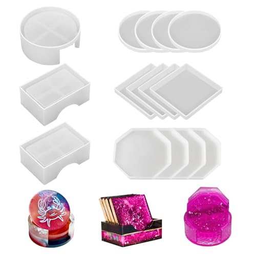 15 Pcs Coaster Resin Molds Silicone Mold for Epoxy Resin Coaster Molds with Round Square Shape Holder Mold for Epoxy for DIY Art Craft Cup Mats
