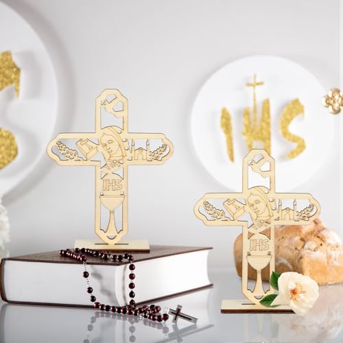 Image of Marsui 16 Pcs Wooden Baptism Centerpieces for Table, Recuerdos De Bautizo para Religious Catholic Table Decor for Lent Easter Christening Communion Baby Shower Wedding School Church(Jhs)