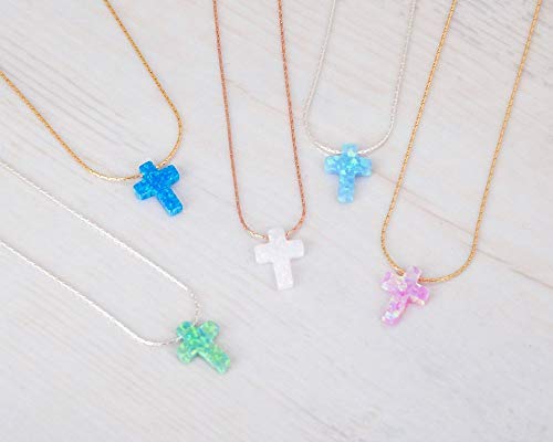 Blue Opal Cross On Thin Gold Filled Choker Necklace - Handmade Minimal Collar - Length: 13.5 Inch + 3 Inch Extender #TOP7